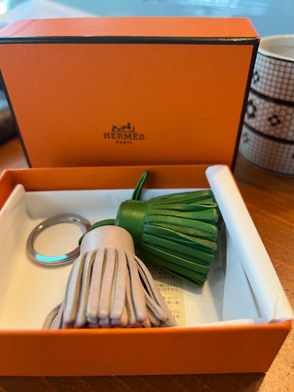 Hermès Carmen Duo Leather Key Ring | Green & Ivory | Double Tassel | Box